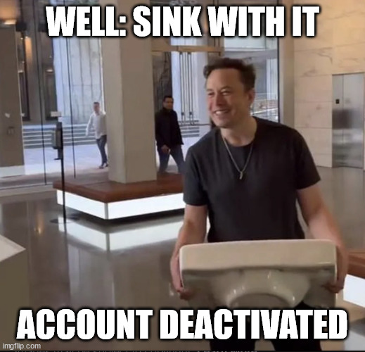 Twitter account deactivated | WELL: SINK WITH IT; ACCOUNT DEACTIVATED | image tagged in elon musk sink,twitter,fun,funny meme,funny,sink | made w/ Imgflip meme maker