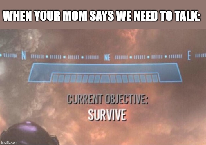 'We need to talk' OH NOO | WHEN YOUR MOM SAYS WE NEED TO TALK: | image tagged in current objective survive | made w/ Imgflip meme maker