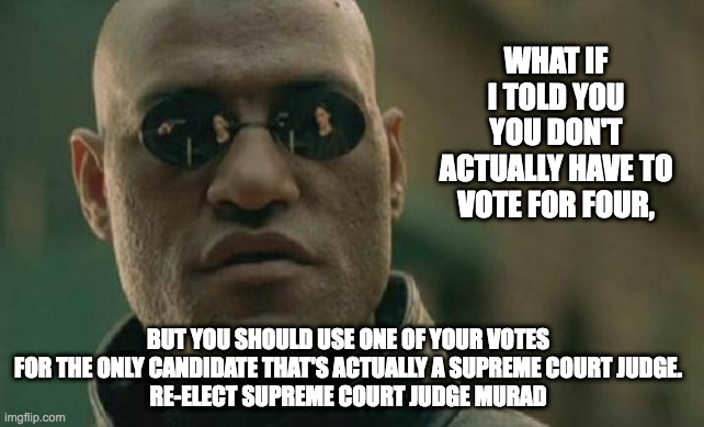 Matrix Morpheus Meme | WHAT IF I TOLD YOU YOU DON'T ACTUALLY HAVE TO VOTE FOR FOUR, BUT YOU SHOULD USE ONE OF YOUR VOTES FOR THE ONLY CANDIDATE THAT'S ACTUALLY A SUPREME COURT JUDGE.
RE-ELECT SUPREME COURT JUDGE MURAD | image tagged in memes,matrix morpheus | made w/ Imgflip meme maker