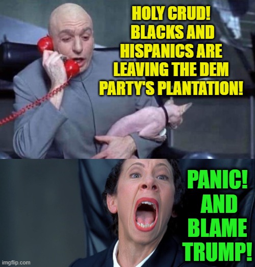 Blacks and Hispanics are seeing through their Party's propaganda -- and the Dem Part's leadership is panicked. | HOLY CRUD!  BLACKS AND HISPANICS ARE LEAVING THE DEM PARTY'S PLANTATION! PANIC!  AND BLAME TRUMP! | image tagged in dr evil and frau | made w/ Imgflip meme maker