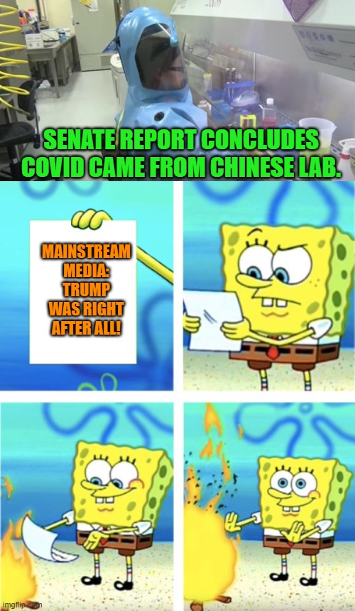 Yep; Trump was correct -- again. | SENATE REPORT CONCLUDES COVID CAME FROM CHINESE LAB. MAINSTREAM MEDIA: TRUMP WAS RIGHT AFTER ALL! | image tagged in msm | made w/ Imgflip meme maker