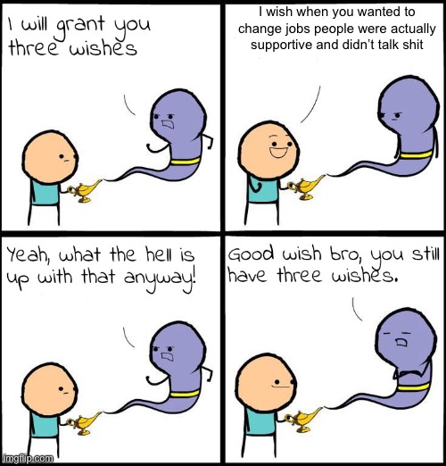 An actual good wish | I wish when you wanted to change jobs people were actually supportive and didn’t talk shit | image tagged in 3 wishes | made w/ Imgflip meme maker