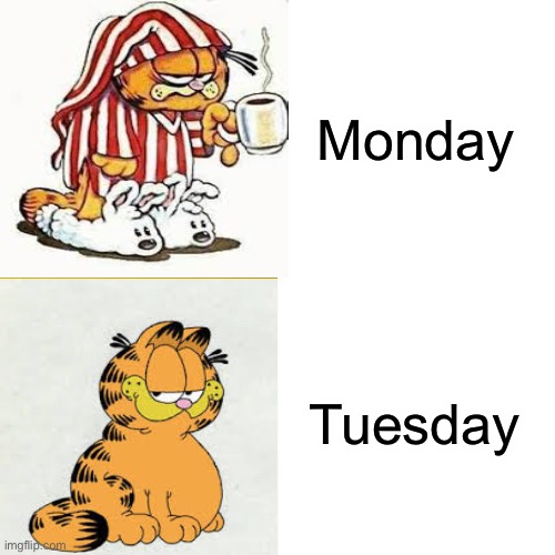 Drake Hotline Bling Meme | Monday; Tuesday | image tagged in memes,garfield,garfield hotline bling | made w/ Imgflip meme maker