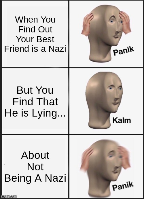 Panik Kalm Panik Meme | When You Find Out Your Best Friend is a Nazi; But You Find That He is Lying... About Not Being A Nazi | image tagged in memes,panik kalm panik | made w/ Imgflip meme maker