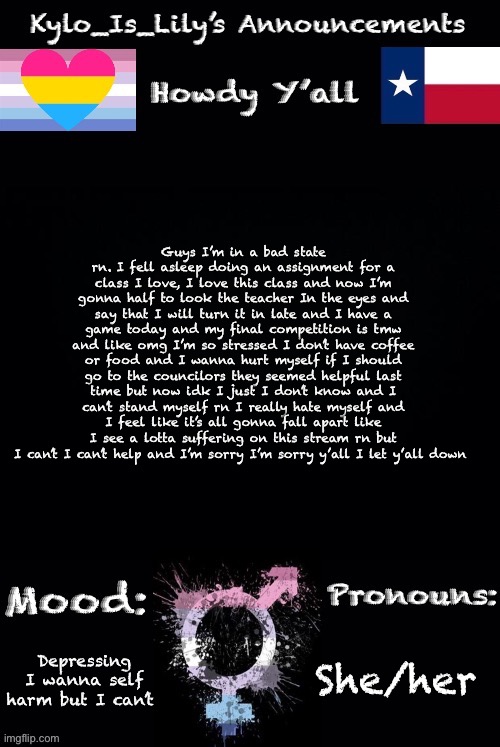 Bad mood | Guys I’m in a bad state rn. I fell asleep doing an assignment for a class I love, I love this class and now I’m gonna half to look the teacher In the eyes and say that I will turn it in late and I have a game today and my final competition is tmw and like omg I’m so stressed I don’t have coffee or food and I wanna hurt myself if I should go to the councilors they seemed helpful last time but now idk I just I don’t know and I can’t stand myself rn I really hate myself and I feel like it’s all gonna fall apart like I see a lotta suffering on this stream rn but I can’t I can’t help and I’m sorry I’m sorry y’all I let y’all down; She/her; Depressing I wanna self harm but I can’t | image tagged in lilys new temp | made w/ Imgflip meme maker