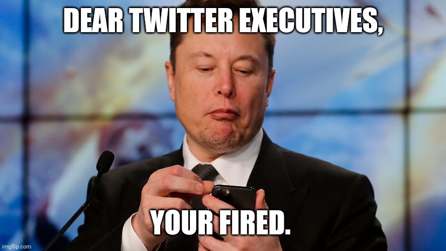 DEAR TWITTER EXECUTIVES, YOUR FIRED. | image tagged in elon musk | made w/ Imgflip meme maker