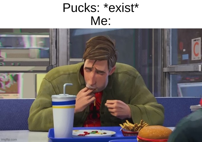 I eat pucks ig | Pucks: *exist*
Me: | image tagged in spiderman eating | made w/ Imgflip meme maker