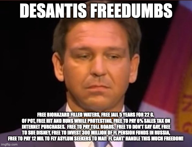 DESANTIS FREEDUMBS; FREE BIOHAZARD FILLED WATERS, FREE JAIL 5 YEARS FOR 22 G.  OF POT, FREE HIT AND RUNS WHILE PROTESTING, FREE TO PAY 6% SALES TAX ON INTERNET PURCHASES.  FREE TO PAY TOLL ROADS.  FREE TO DON'T SAY GAY, FREE TO SUE DISNEY, FREE TO INVEST 300 MILLION OF FL PENSION FUNDS IN RUSSIA, FREE TO PAY 12 MIL TO FLY ASYLUM SEEKERS TO MA!!  FL CANT' HANDLE THIS MUCH FREEDOM! | made w/ Imgflip meme maker