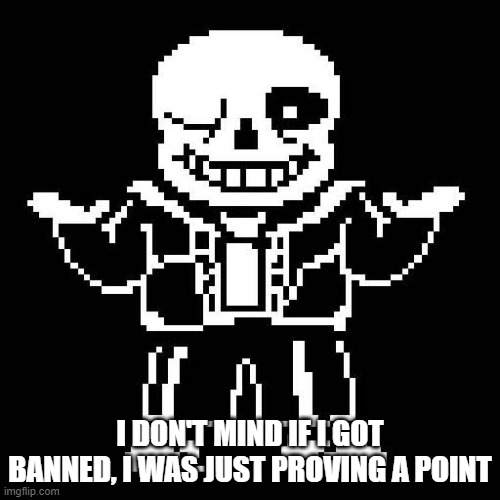 I'm totally fine | I DON'T MIND IF I GOT BANNED, I WAS JUST PROVING A POINT | image tagged in sans undertale | made w/ Imgflip meme maker