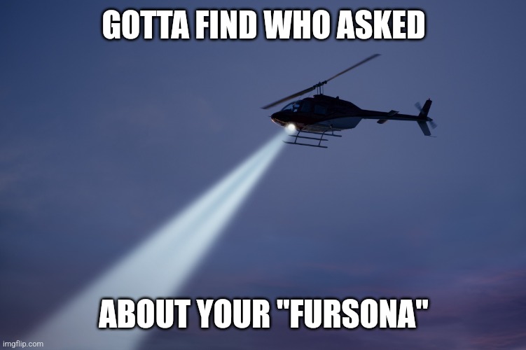helicopter search | GOTTA FIND WHO ASKED ABOUT YOUR "FURSONA" | image tagged in helicopter search | made w/ Imgflip meme maker