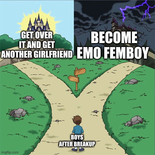 Two Paths | BECOME EMO FEMBOY; GET OVER IT AND GET ANOTHER GIRLFRIEND; BOYS AFTER BREAKUP | image tagged in two paths,meme,fun,funny,idk,memes | made w/ Imgflip meme maker