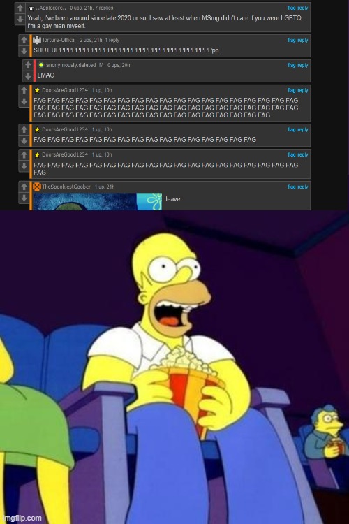 I'm lgbt and this is just straight up fun to watch | image tagged in homer eating popcorn | made w/ Imgflip meme maker