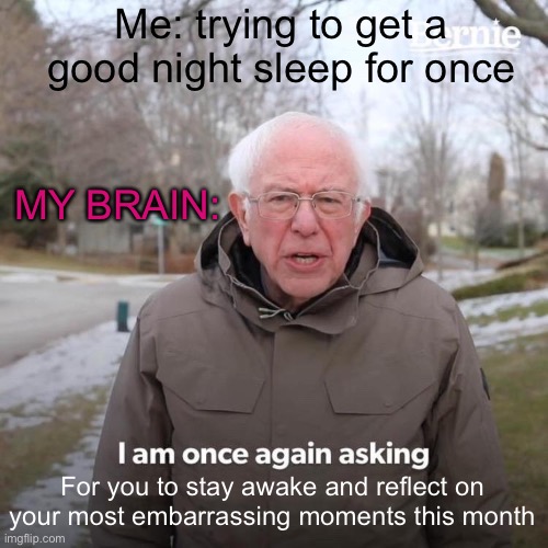 Shut up brain | Me: trying to get a good night sleep for once; MY BRAIN:; For you to stay awake and reflect on your most embarrassing moments this month | image tagged in memes,bernie i am once again asking for your support,are you going to sleep | made w/ Imgflip meme maker