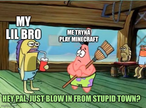 Lil bro boss | MY LIL BRO; ME TRYNA PLAY MINECRAFT; HEY PAL, JUST BLOW IN FROM STUPID TOWN? | image tagged in hey pal | made w/ Imgflip meme maker