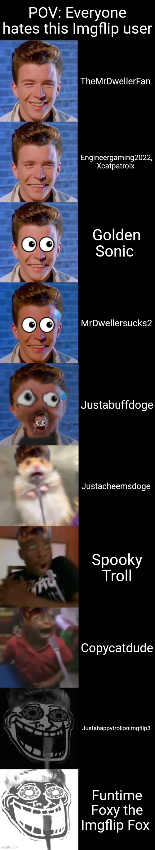 Agree? | POV: Everyone hates this Imgflip user; TheMrDwellerFan; Engineergaming2022, Xcatpatrolx; Golden Sonic; MrDwellersucks2; Justabuffdoge; Justacheemsdoge; Spooky Troll; Copycatdude; Justahappytrollonimgflip3; Funtime Foxy the Imgflip Fox | image tagged in rick astley becoming scared | made w/ Imgflip meme maker