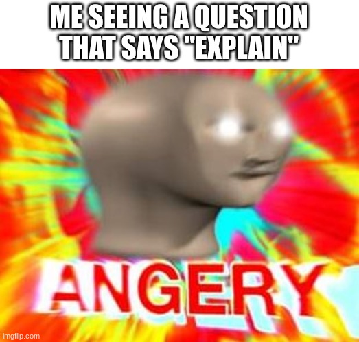 Surreal Angery | ME SEEING A QUESTION THAT SAYS "EXPLAIN" | image tagged in surreal angery | made w/ Imgflip meme maker