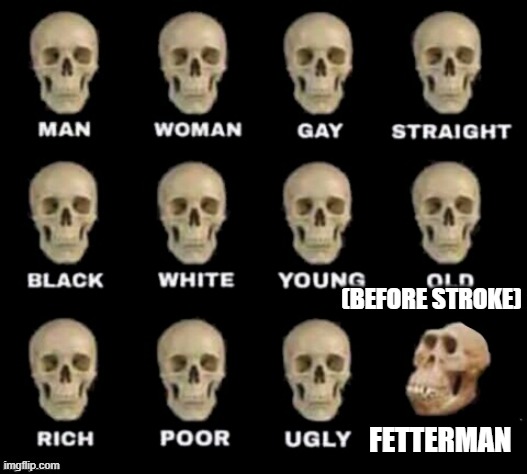 homo fetterus | (BEFORE STROKE); FETTERMAN | image tagged in idiot skull | made w/ Imgflip meme maker