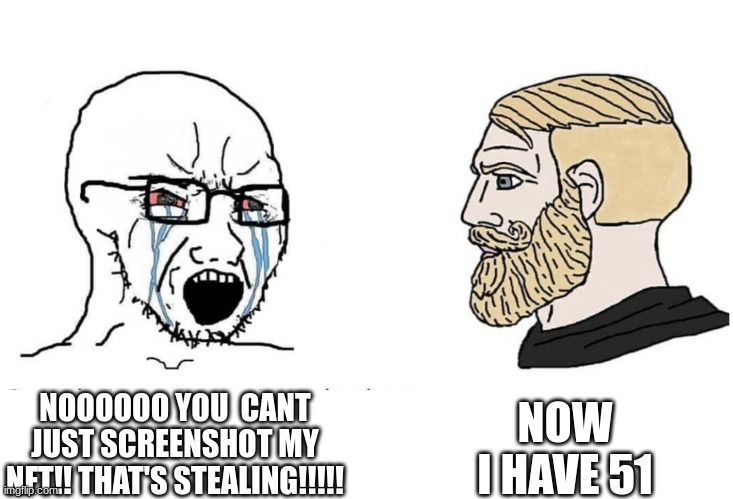 Soyboy Vs Yes Chad | NOW I HAVE 51; NOOOOOO YOU  CANT JUST SCREENSHOT MY NFT!! THAT'S STEALING!!!!! | image tagged in soyboy vs yes chad | made w/ Imgflip meme maker