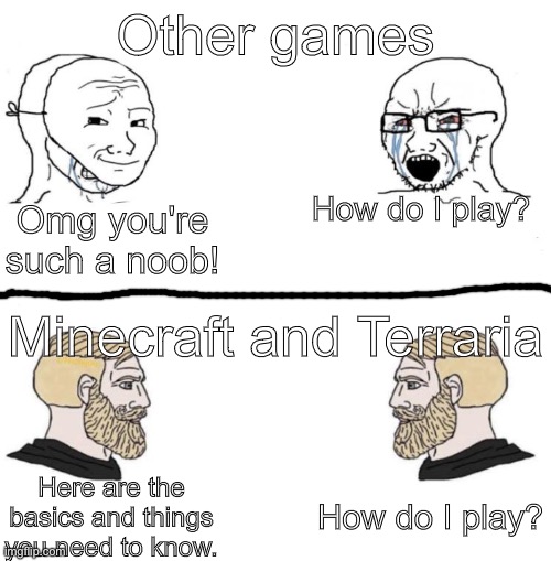 Chad we know |  Other games; How do I play? Omg you're such a noob! Minecraft and Terraria; How do I play? Here are the basics and things you need to know. | image tagged in chad we know | made w/ Imgflip meme maker