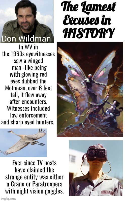 Mothman lame excuses in History | with | image tagged in moth | made w/ Imgflip meme maker