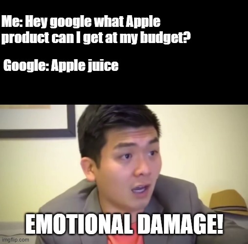 What's ur fav Apple Product? | Me: Hey google what Apple product can I get at my budget? Google: Apple juice; EMOTIONAL DAMAGE! | image tagged in emotional damage | made w/ Imgflip meme maker