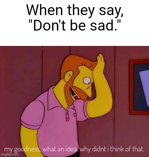 my goodness what an idea why didn't I think of that | When they say, "Don't be sad." | image tagged in my goodness what an idea why didn't i think of that | made w/ Imgflip meme maker