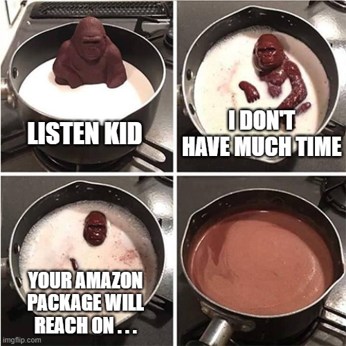 Listen kid, I don't have much time (chocolate) | I DON'T HAVE MUCH TIME; LISTEN KID; YOUR AMAZON PACKAGE WILL REACH ON . . . | image tagged in listen kid i don't have much time chocolate | made w/ Imgflip meme maker
