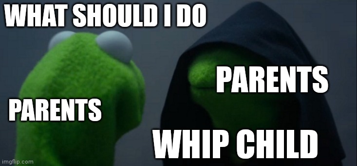 Parents to themselves | WHAT SHOULD I DO; PARENTS; PARENTS; WHIP CHILD | image tagged in memes,evil kermit | made w/ Imgflip meme maker
