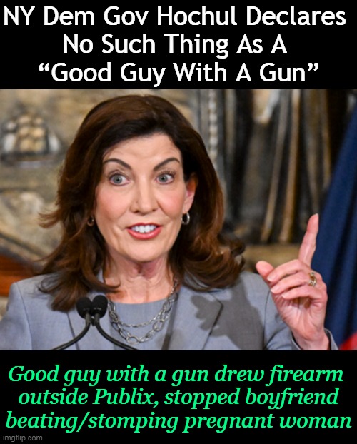 Thank goodness for our good guys with guns! | NY Dem Gov Hochul Declares 
No Such Thing As A 
“Good Guy With A Gun”; Good guy with a gun drew firearm 
outside Publix, stopped boyfriend
beating/stomping pregnant woman | image tagged in politics,second amendment,good guy with gun,guns,protection,democrats | made w/ Imgflip meme maker