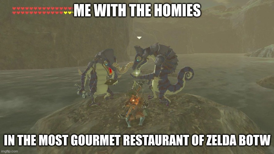 gourmet restaurant | ME WITH THE HOMIES; IN THE MOST GOURMET RESTAURANT OF ZELDA BOTW | image tagged in the legend of zelda breath of the wild | made w/ Imgflip meme maker