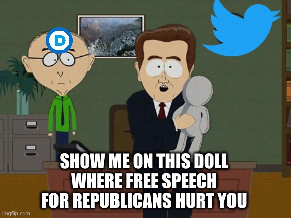 The meltdowns shall continue until morale improves! | SHOW ME ON THIS DOLL 
WHERE FREE SPEECH 
FOR REPUBLICANS HURT YOU | image tagged in show me on this doll,twitter,freedom of speech | made w/ Imgflip meme maker