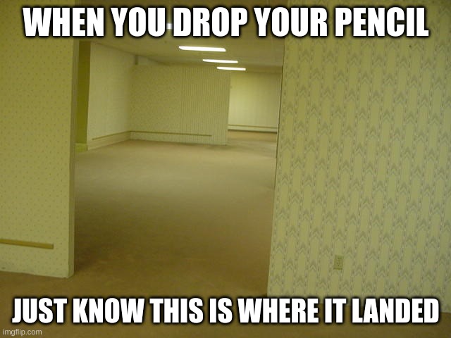 The Backrooms | WHEN YOU DROP YOUR PENCIL; JUST KNOW THIS IS WHERE IT LANDED | image tagged in the backrooms | made w/ Imgflip meme maker