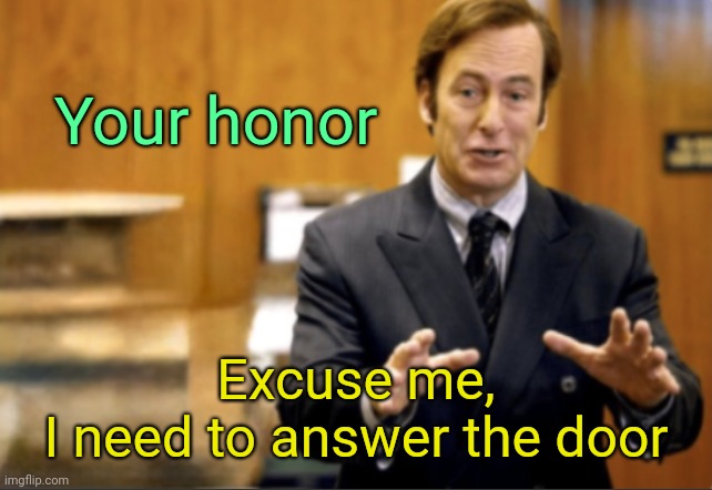 . | Your honor; Excuse me,
I need to answer the door | image tagged in saul goodman defending | made w/ Imgflip meme maker