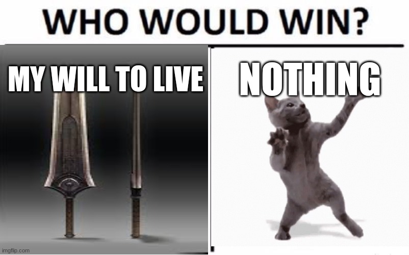 I think the third option would win. How about you? | MY WILL TO LIVE; NOTHING | image tagged in cat would win,giant sword | made w/ Imgflip meme maker