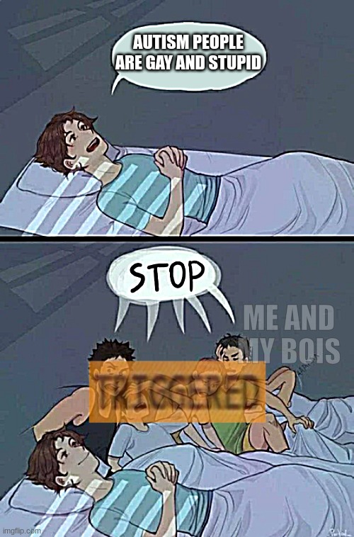 Sleepover Stop | AUTISM PEOPLE ARE GAY AND STUPID; ME AND MY BOIS | image tagged in sleepover stop | made w/ Imgflip meme maker