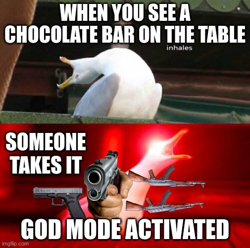 Inhaling Seagull  | WHEN YOU SEE A CHOCOLATE BAR ON THE TABLE; SOMEONE TAKES IT; GOD MODE ACTIVATED | image tagged in inhaling seagull,chocolate bar,god mode,guns | made w/ Imgflip meme maker