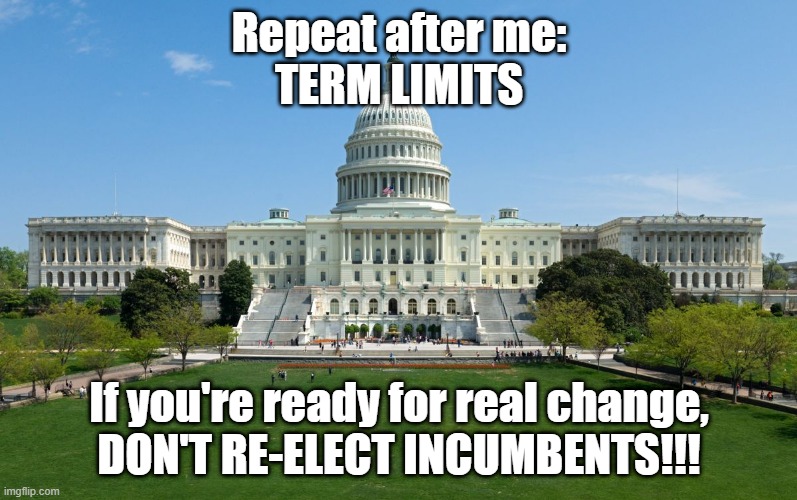 Term Limits | Repeat after me:
TERM LIMITS; If you're ready for real change,
DON'T RE-ELECT INCUMBENTS!!! | image tagged in capitol hill,incumbents,term limits,don't reelect | made w/ Imgflip meme maker
