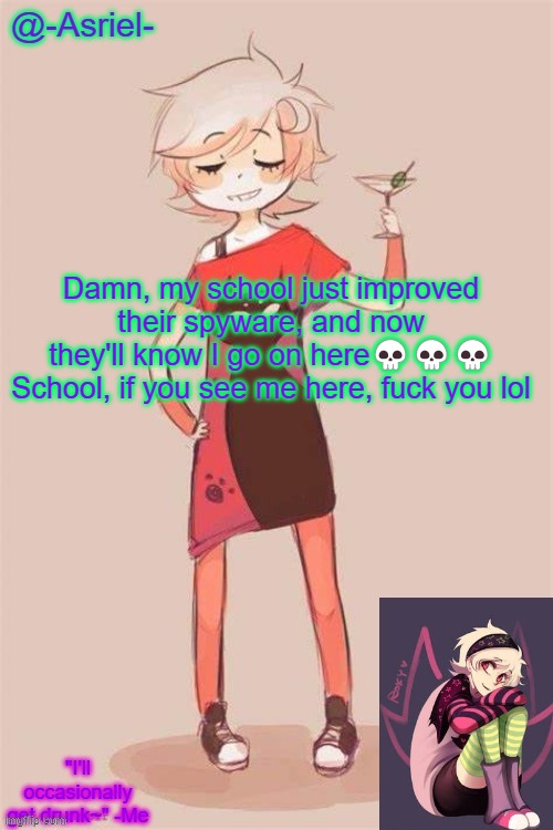 Asriel's Roxy Lalonde temp | Damn, my school just improved their spyware, and now they'll know I go on here💀💀💀
School, if you see me here, fuck you lol | image tagged in asriel's roxy lalonde temp | made w/ Imgflip meme maker