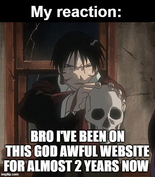 My reaction | BRO I'VE BEEN ON THIS GOD AWFUL WEBSITE FOR ALMOST 2 YEARS NOW | image tagged in my reaction | made w/ Imgflip meme maker