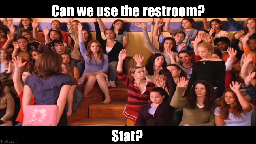 Raise Hand Mean Girls | Can we use the restroom? Stat? | image tagged in raise hand mean girls | made w/ Imgflip meme maker