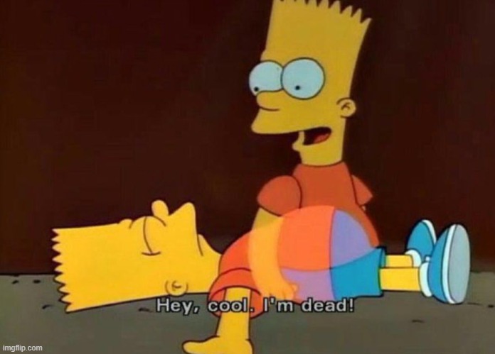 Hey, cool. I'm dead! | image tagged in hey cool i'm dead | made w/ Imgflip meme maker