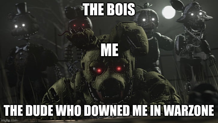 warzone | THE BOIS; ME; THE DUDE WHO DOWNED ME IN WARZONE | image tagged in spring trap | made w/ Imgflip meme maker