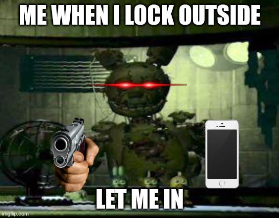 fnaf is funny to | ME WHEN I LOCK OUTSIDE; LET ME IN | image tagged in fnaf springtrap in window | made w/ Imgflip meme maker