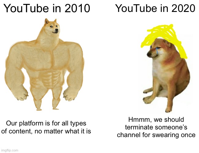 YouTube then vs now | YouTube in 2010; YouTube in 2020; Our platform is for all types of content, no matter what it is; Hmmm, we should terminate someone’s channel for swearing once | image tagged in memes,buff doge vs cheems | made w/ Imgflip meme maker