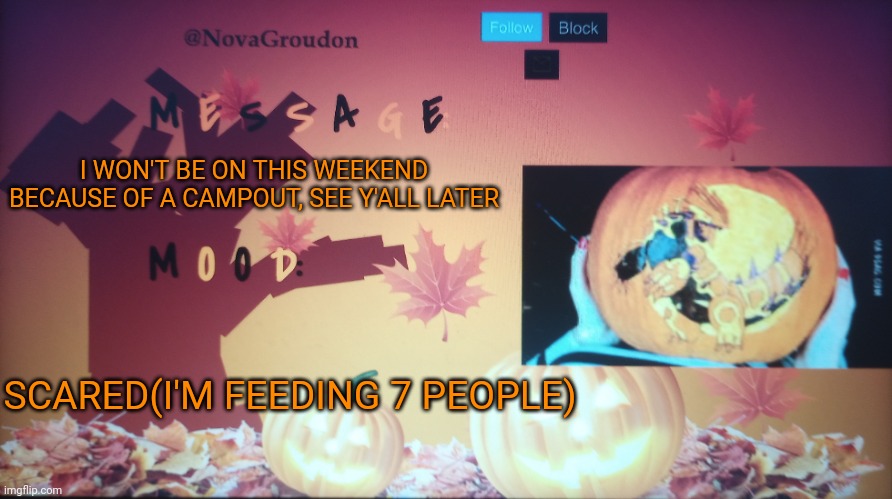 I WON'T BE ON THIS WEEKEND BECAUSE OF A CAMPOUT, SEE Y'ALL LATER; SCARED(I'M FEEDING 7 PEOPLE) | image tagged in novagroudon spooky | made w/ Imgflip meme maker