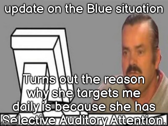 El Risitas Computer Frown | update on the Blue situation; Turns out the reason why she targets me daily is because she has Selective Auditory Attention. | made w/ Imgflip meme maker