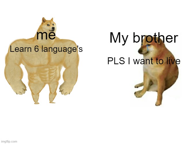Buff Doge vs. Cheems | My brother; me; Learn 6 language's; PLS I want to live | image tagged in memes,buff doge vs cheems | made w/ Imgflip meme maker