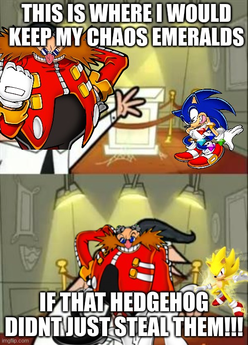 he loses again | THIS IS WHERE I WOULD KEEP MY CHAOS EMERALDS; IF THAT HEDGEHOG DIDNT JUST STEAL THEM!!! | image tagged in sonic the hedgehog | made w/ Imgflip meme maker