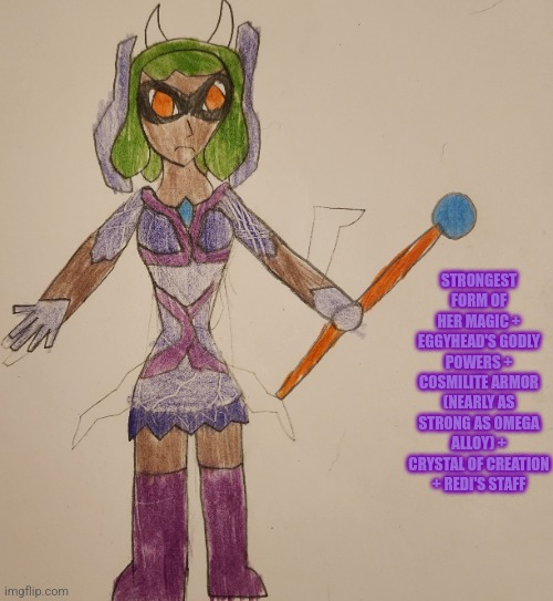 Don't be deceived by her looks. This is Cosmilite Inkmatas | STRONGEST FORM OF HER MAGIC + EGGYHEAD'S GODLY POWERS + COSMILITE ARMOR (NEARLY AS STRONG AS OMEGA ALLOY) + CRYSTAL OF CREATION + REDI'S STAFF | made w/ Imgflip meme maker