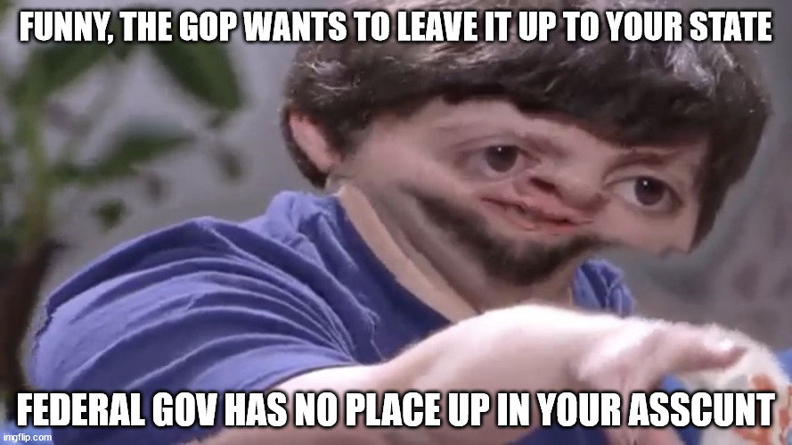 Ill take your stock | FUNNY, THE GOP WANTS TO LEAVE IT UP TO YOUR STATE FEDERAL GOV HAS NO PLACE UP IN YOUR ASSCUNT | image tagged in ill take your stock | made w/ Imgflip meme maker